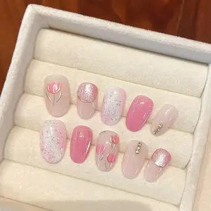 T16 Sweet hand-painted tulips pure hand wear nails Gentle Nail art small fresh wear nail paste everything almond press black  lace  french  tip