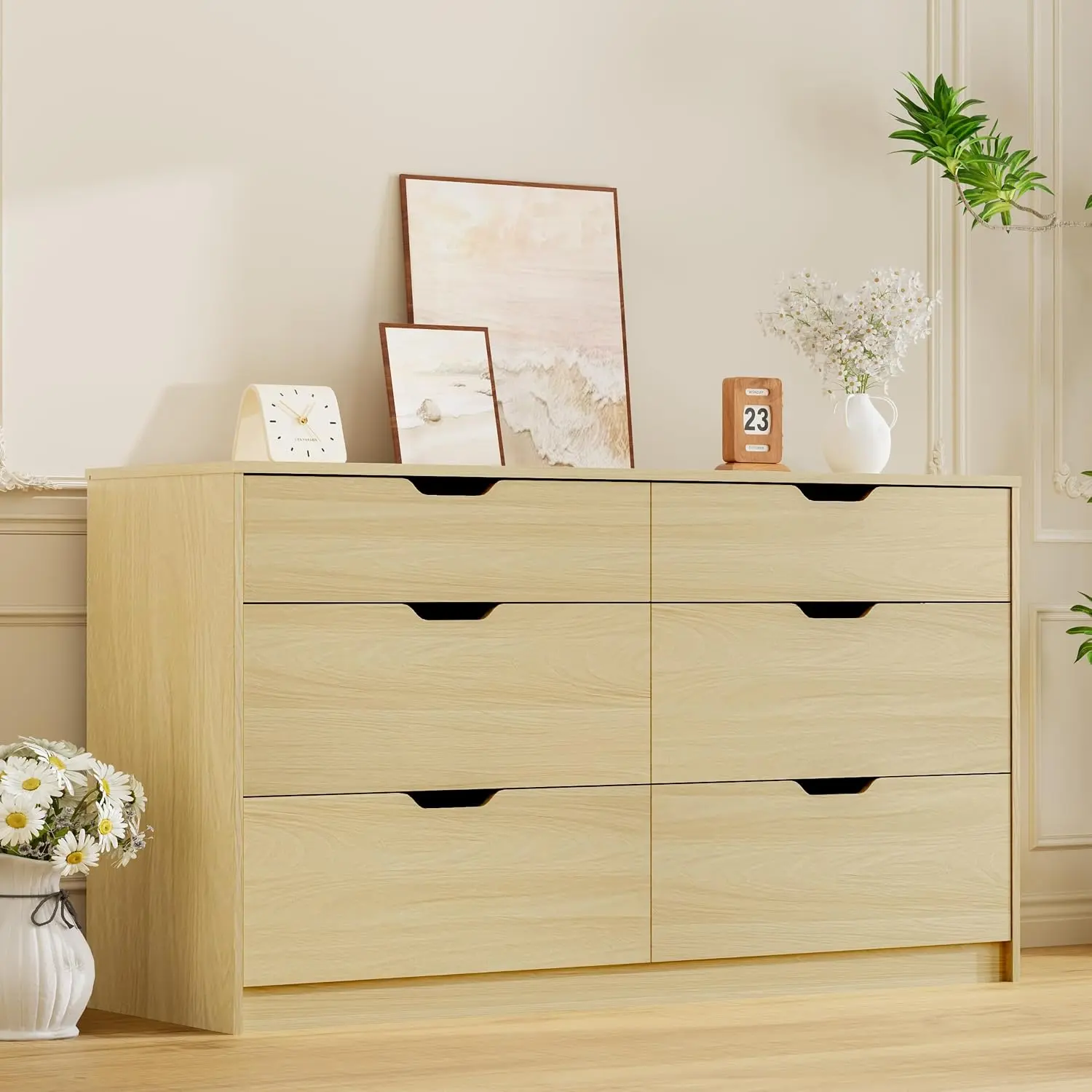 Furmax Dresser for Bedroom with 6 Drawers, 47.2" Modern Wood Chest of Drawers with Two Drawer Sizes, TV Stand for Living Room, Closet & Entryway, Natural Oak