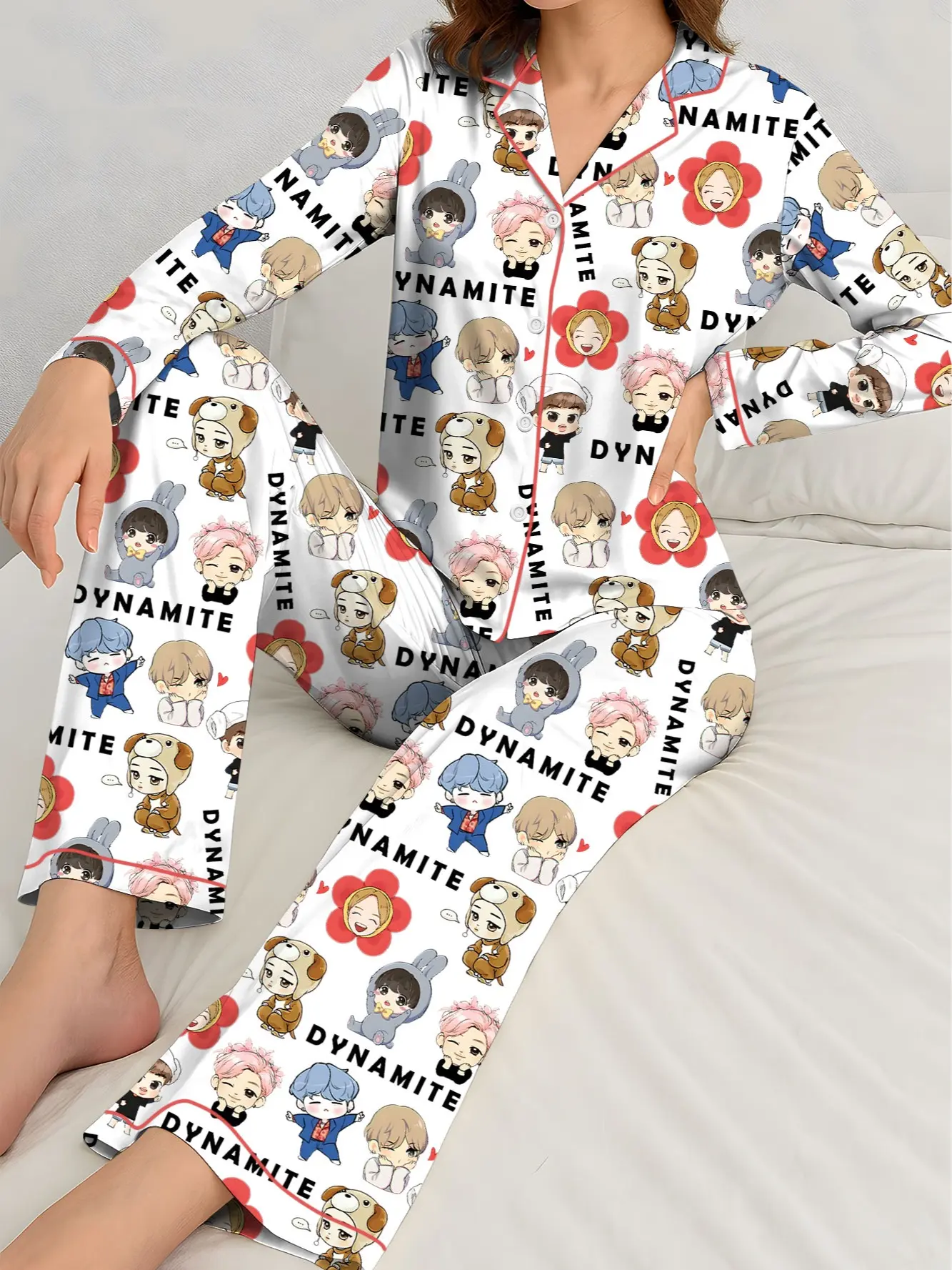Kpop Fan Nightwear, Button-Up 2-Piece with Chibi Idol Graphic in a Silky Satin Fabric for Breathable Elegance, Pocket, Elastic, Sleepwear, Us Sizes, All Over, Chibi Print, Button Front, Casual, True-To-Size Us Fit, Long, Basic Look, Top, Adjustable
