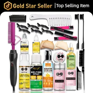 Goiple 19 piece Limited Time Holiday Hair Styling Bundle-Electric Hot Comb and Straightener Kit for Natural Black Hair with Dual Voltage Curling Iron Hair Wax Set Must Have Styling Tools for Christmas Gifts,valentine's day gifts for her/him