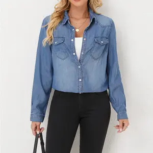 Women's Long Sleeve Denim Lyocell Shirt for Fall - Soft Comfortable Casual Top with Chest Pockets, Breathable Fabric for Casual Office Blouse women's fall clothing