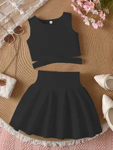 Girls Sports Suit Set 2 Pieces, Stylish Round Neck Vest + Skirt for Outdoor Activities, Comfortable Summer Casual Wear for Kids