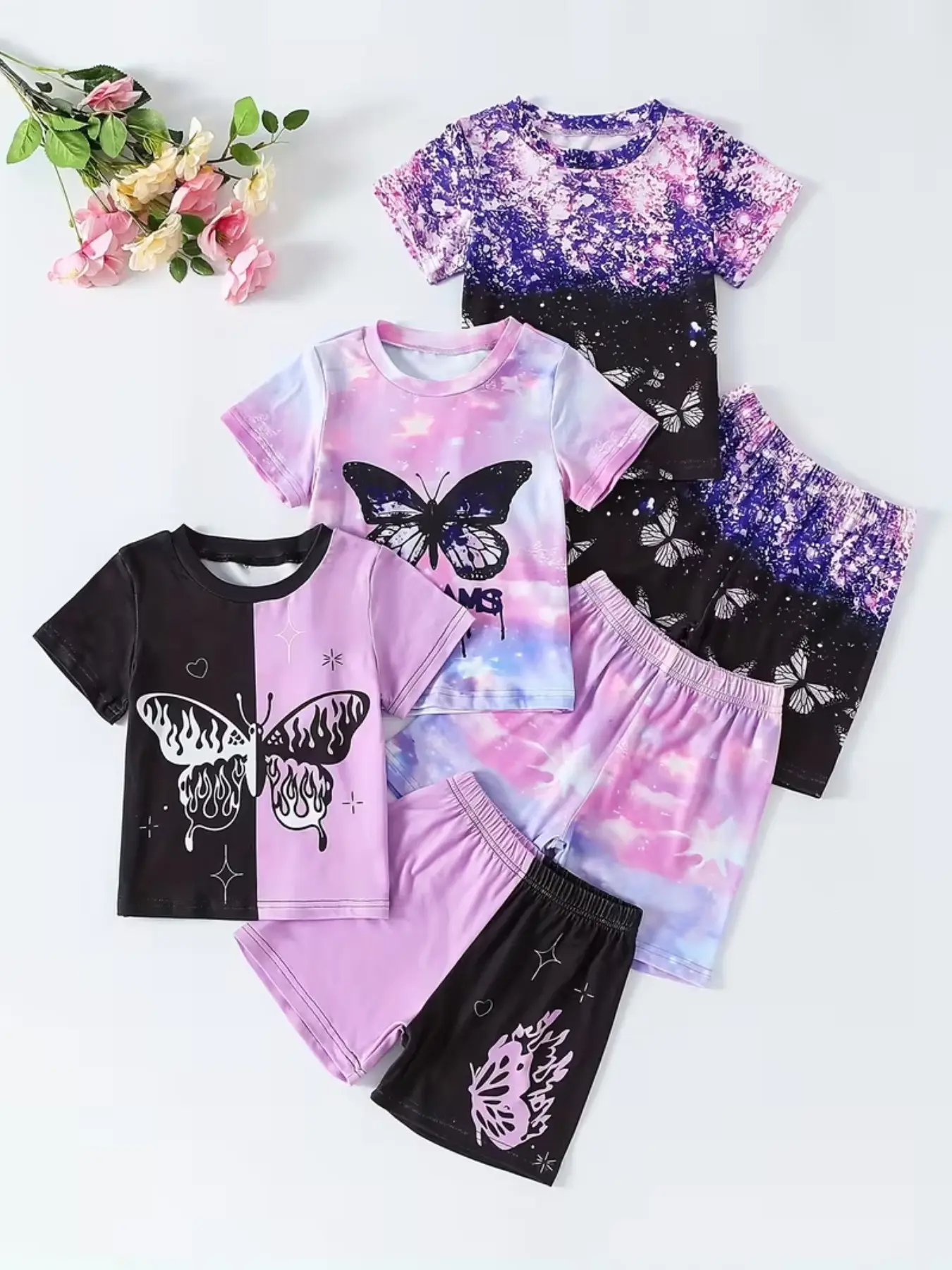 3-Piece Girls' Set, Summer Clothing Set, Knit Butterfly Print Round Neck Short Sleeve Top, Colorblock Butterfly Print Shorts, Summer Outdoor Wear, Summer Clothes Set, Clothes Kids