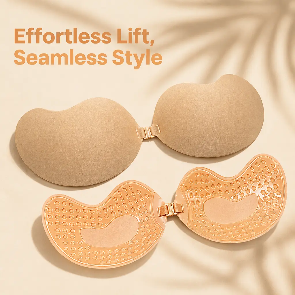 2 Pairs Mango Shape Invisible Adhesive Push Up Bra, Nude & Black With Honeycomb Ventilated Bio-Glue Sticky Breast Lifts, Waterproof Sweatproof Strapless Backless Bra With Sturdy Snap Buckle, 3D Mold Cup Side Support Anti-Slip Nipple Covers For Wedding Dre