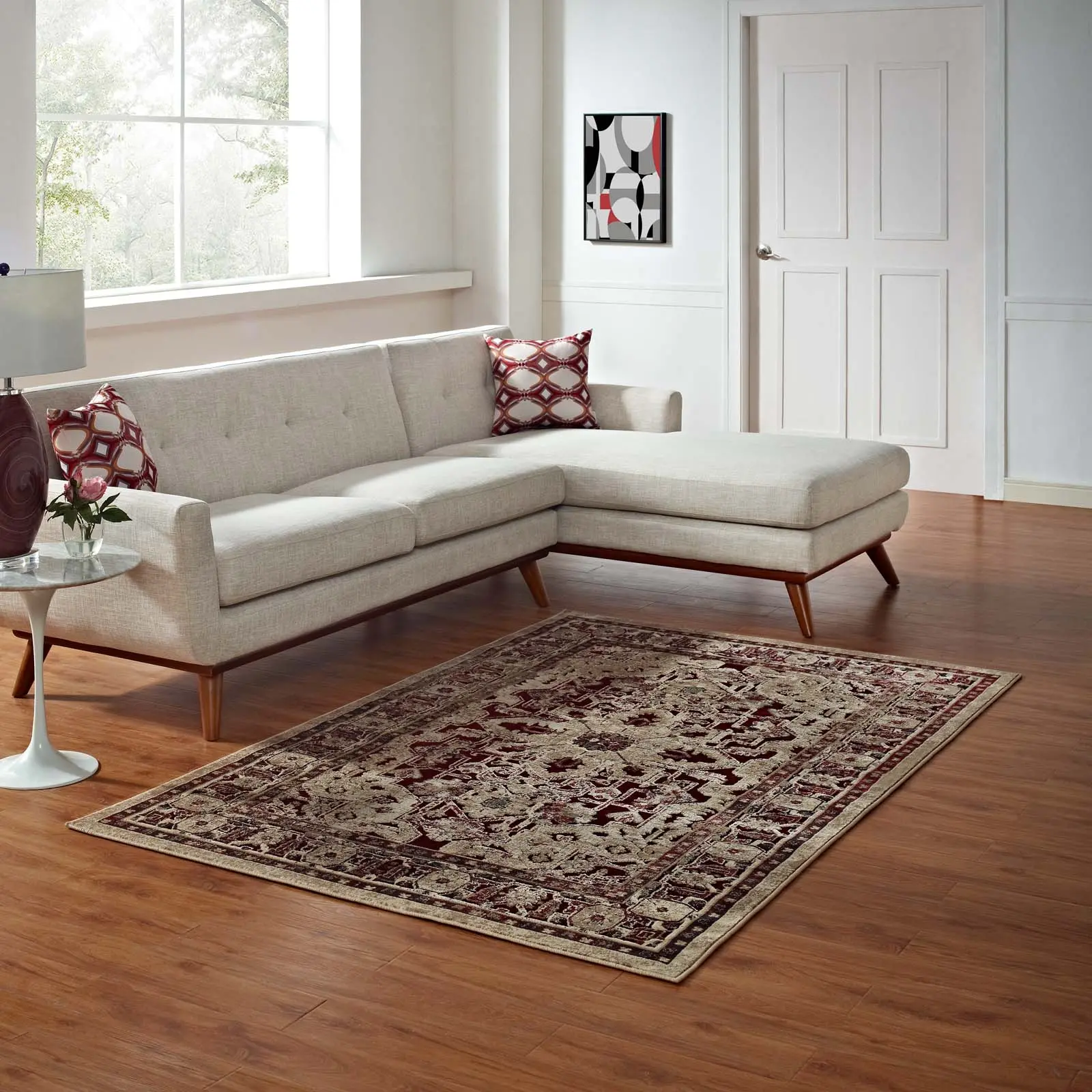 Modway Grania Ornate Vintage Floral Turkish 5x8 Area Rug in Burgundy and Tan