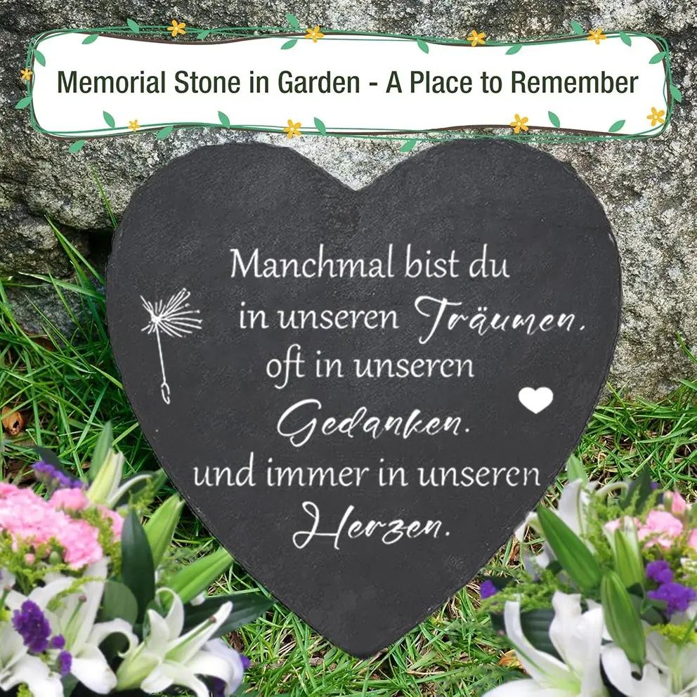 Stone Garden Memorial Stone with Fixed Stand, Heart Shaped Stone, Warm German Text, Tribute to Father Mother or Departed Loved Ones, Family or Tombstone Decoration