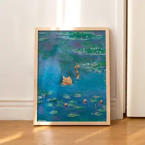 Cat Print Monet Waterlily Funny Orange Tabby Gift Poster Wall Art Home Decor