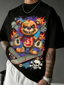 Unisex Dark Evil Teddy Bear Skateboard Graphic Oversized T-Shirt, Heavyweight Breathable Cotton, American Streetwear, Hip Hop Style, Grunge Aesthetic, Y2K Fashion, CleanFit High Street, Viral TikTok, Gen Z Essential for Summer Daily Wear, Skate Outfits, M