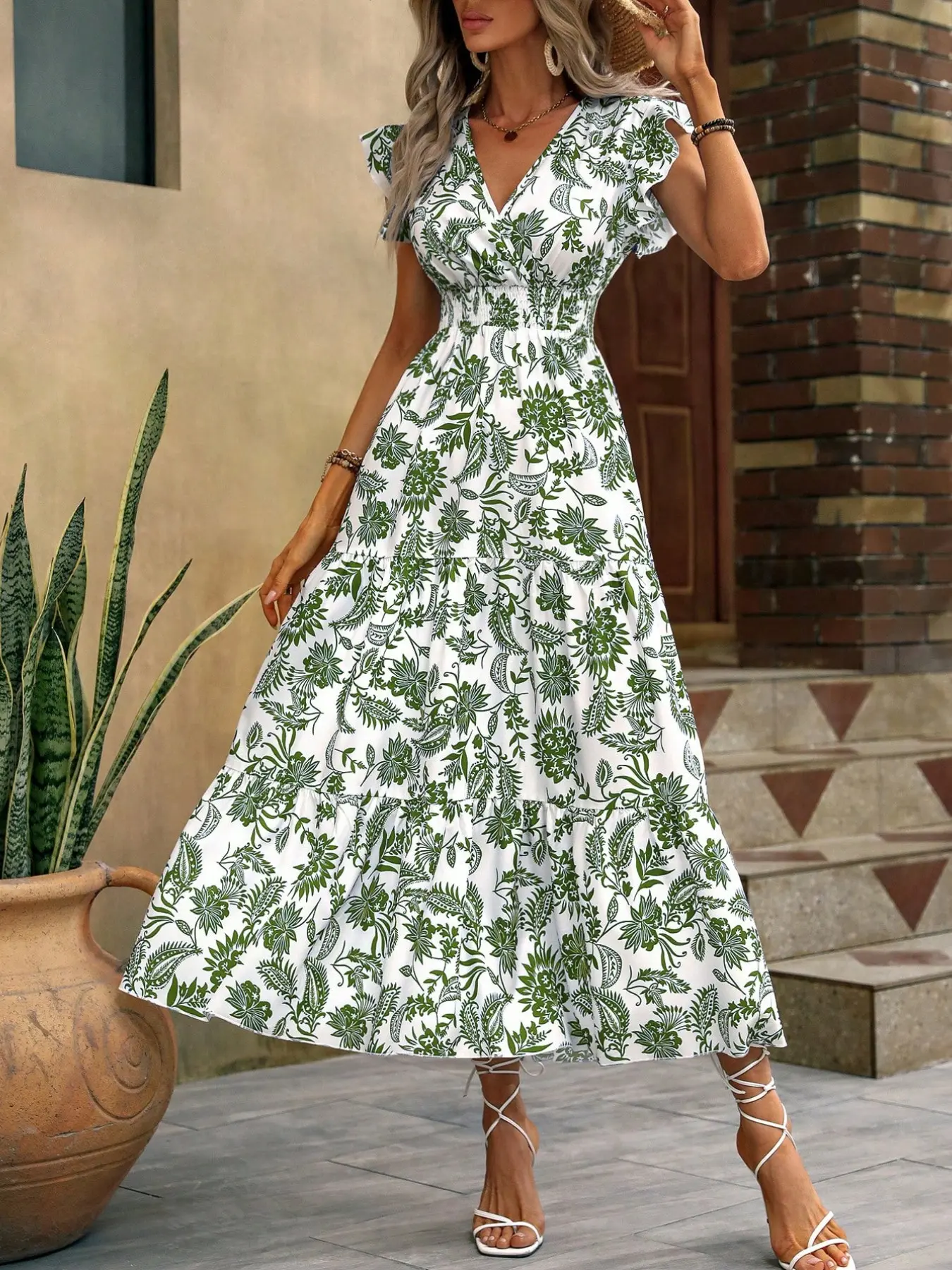 New Floral Print Butterfly Sleeve Ruffle Hem Sexy Vacation Bohemian Maxi Dress, Commuter Long Dress, Women's Fashion, Boho Chic Style