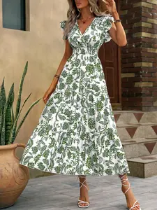 New Floral Print Vneck Butterfly Sleeve Ruffle Hem Sexy Summer Vacation Bohemian Maxi Dress, Commuter Long Dress, Women's Fashion