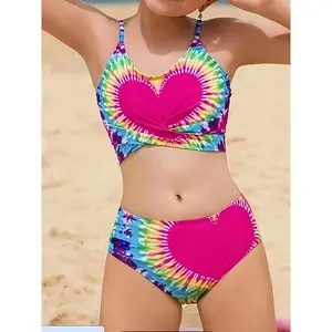 Girl's Heart Print 2-Piece Bikini Swimsuit Set with Swim Shorts