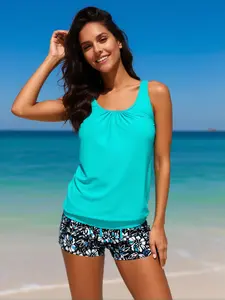 Two Piece Women's Tankini Swimsuits Blouson Swim Tank Top with Shorts Modest Bathing Suits