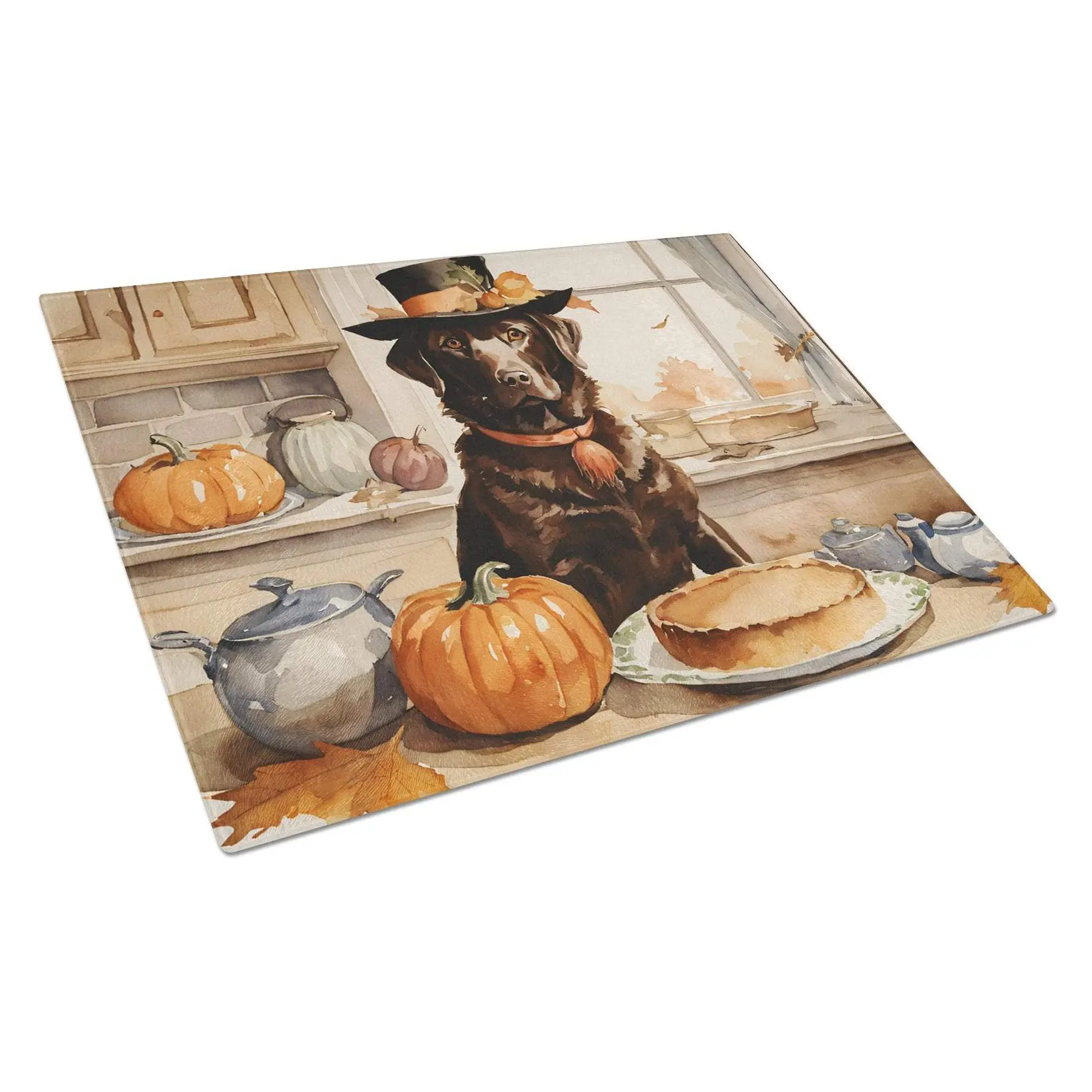 Chocolate Lab Fall Kitchen Pumpkins Glass Cutting Board Large