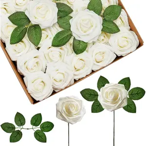 27Pcs: 25 Artificial Roses with 2 Leaves, Realistic Foam Rose with Stem, Decorative for DIY Wedding Bouquets Party Decoration, Valentine's Day, Mother's Day, Halloween, Christmas, Garden & Patio Decor, and Home Decoration