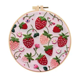 Beginner Embroidery Kit, Needle Crafts Kit, Elegant Strawberry Style Cross Stitch Set, DIY Embroidery Supplies with Printed Cotton Fabric, Sewing Threads, Needles, 20cm Bamboo Hoop