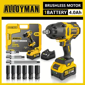 Alloyman 1/2 inch Impact Wrench Cordless, Max Torque 555 Ft-lbs 20V Brushless Motor 2000 RPM, with 6 Sockets, 3 Extension Bars, 4.0 AH Li-ion Battery and 1 Hour Fast Charge, Gifts for Perfect Christmas and New Year Idea