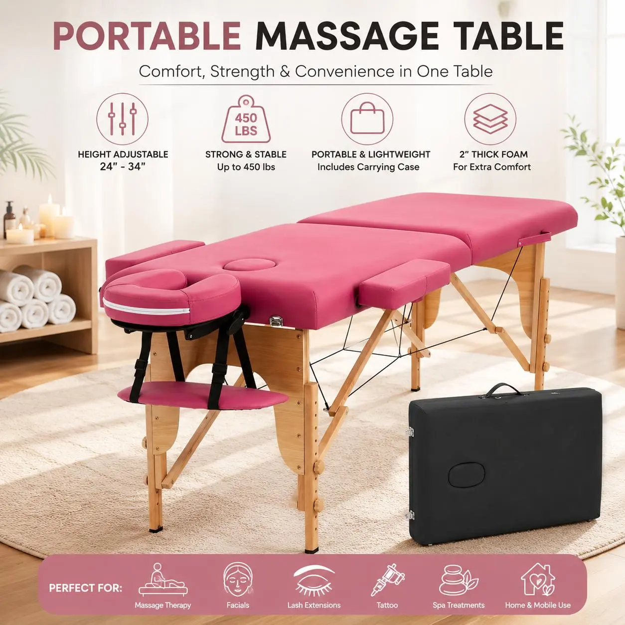 Portable Massage Table | Adjustable Spa Bed with Carry Bag for Massage, Facials, Lash & Tattoo
