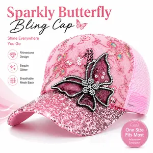 Pink Sequin Rhinestone Baseball Cap for Women – Butterfly Bling Trucker Hat, Adjustable Mesh Snapback, Summer Fashion Hat, Hats For Women, Trucker Hats Women