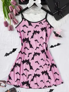 Women's Halloween Bat Print Milk Silk Cami Dress Spaghetti Strap Sleeveless, Lightweight Fitted Comfortable Casual Everyday Home Sleepwear Loungewear, Stylish and Cozy Tank Top for Women