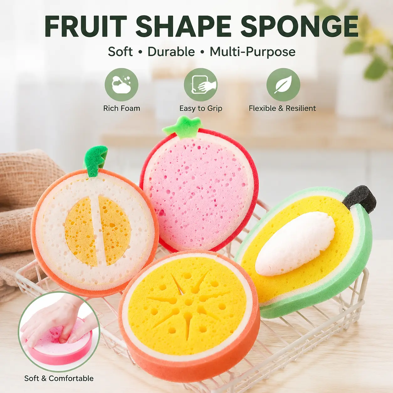 Fruit-Shaped Cleaning Sponge with Soap Compatibility, 1-Count Soft Porous Foam Sponge for Kitchen Dish Washing