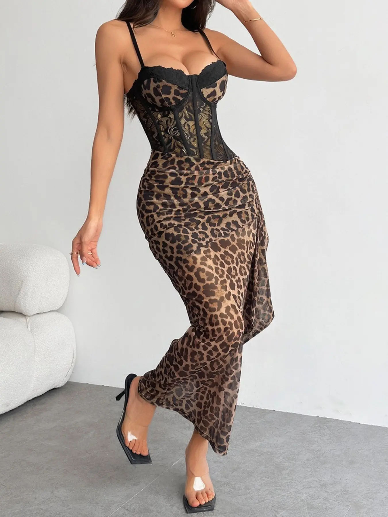 Women's Leopard Print Corset Dress Lace Mesh Spaghetti Strap Sleeveless Bodycon Cut Maxi Dress Sexy Clubwear Party Outfit
