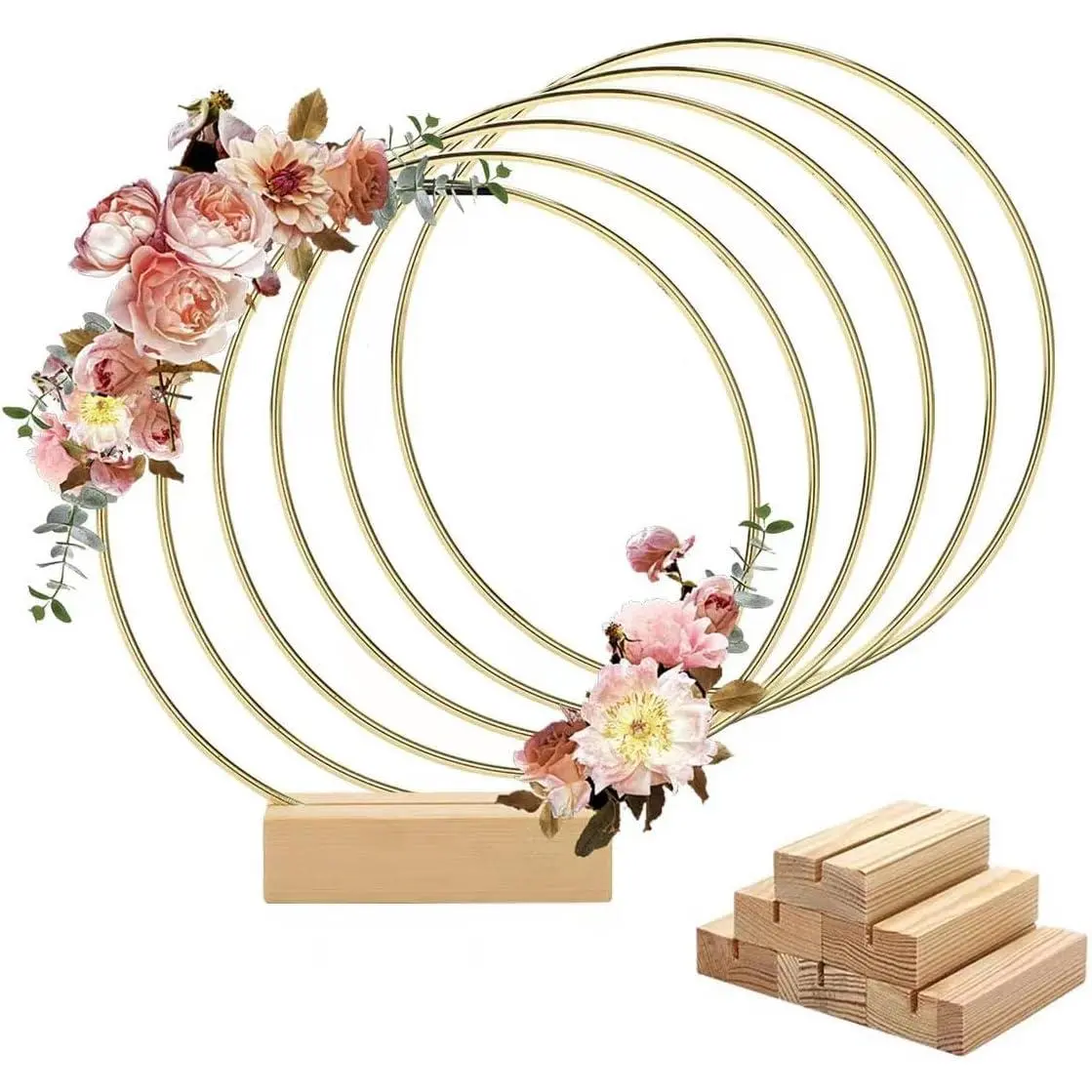 6 Pack 8 Inch (20cm) Smooth Gold Metal Floral Hoop Centerpieces with 3.15in Wooden Base - Hanging Flowers, Artificial Flower Wreath, Photo Prop, Floral Display Ornaments for Wedding, Party Table Decor