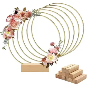 6 Pack 8 Inch Floral Hoop Centerpiece for Wedding, Gold Metal Rings with Wooden Stand - Table Decor, Wreath Decor for Wedding, Party, Wall Hanging (20cm Hoop, 3.15in Base)
