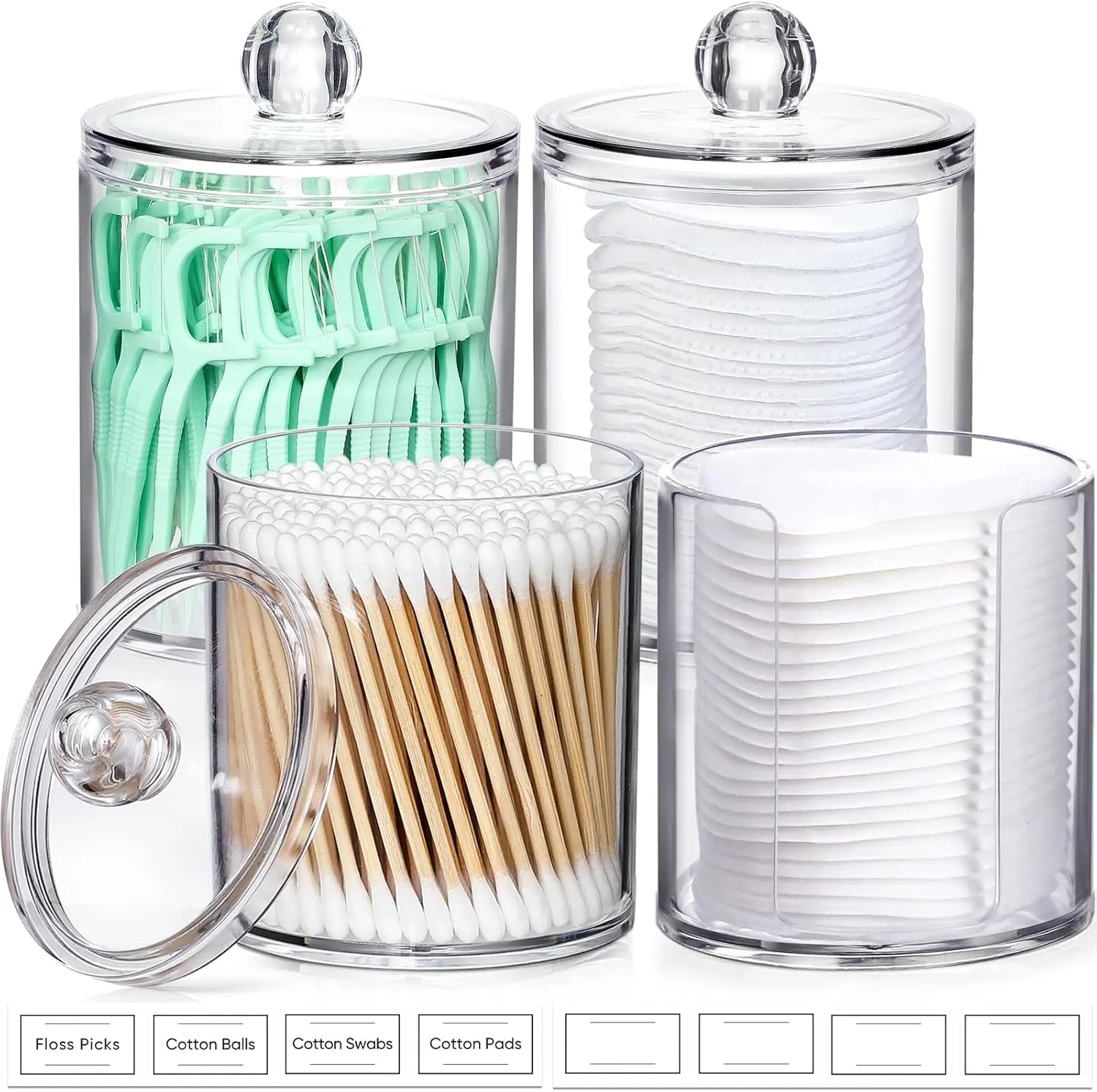 4 Pcs, Acrylic Qtip Holder Dispenser for Cotton Swab, Ball, Round Pads, Floss Picks - Clear Plastic Apothecary Jar Set for Bathroom Canister Storage Organization, Vanity Makeup Organizer