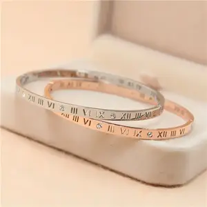 Roman Numeral Inlaid Cubic Zirconia Stainless Steel Roman Numeral Bangles