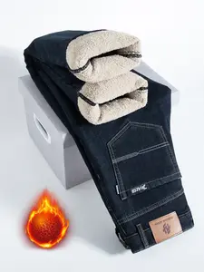 Men's Fleece Lined Plain Denim Jeans, Winter Loose Straight Leg Warm Casual Pants, Thickened Thermal Comfortable Men's Clothing