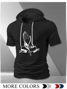 Men's Hooded Short Sleeve T-Shirt, Religious Symbols Print, Casual Street Style, Summer Fitted Design, Multiple Colors Available, Casual Comfy Fit, Tops