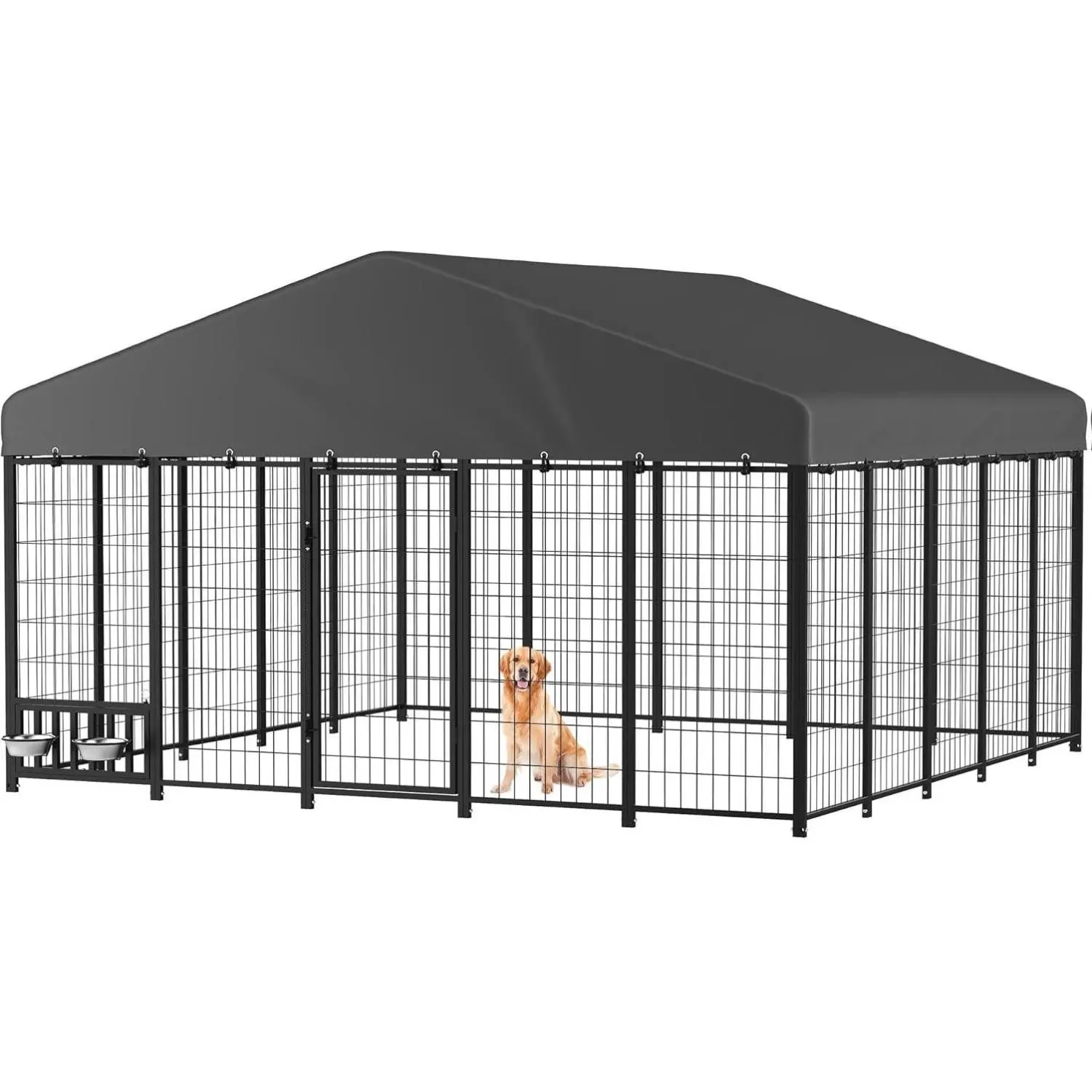 AECOJOY Heavy Duty Outdoor Dog Kennel for Yard, Large Steel Chain Link Fence with Roof, Dog Run Enclosure with Feeding Bowl & Self-Locking Latch Enclosed