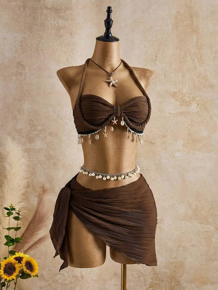 [Royalty Brand Clothing] Women's Coffee Brown Wave Pattern Seashell & Star Decor Spaghetti Strap Tankini Swimsuit,3 Pieces Summer Boho Beach Holiday Holiday Vacation Outfit