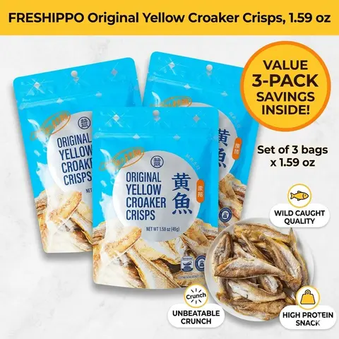 FRESHIPPO Original Crispy Yellow Croaker Snack, Pack of 3 or 1 (1.59 oz Each), Wild-Caught Crunchy Small Fish, High Protein & Omega-3, Ready-to-Eat Savory Seafood High Protein Snacks High Protein Snacks