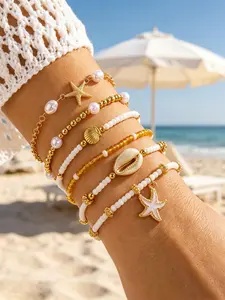 Boho Ocean Style Beaded Bracelet Set, Starfish Shell Conch Pearl Stackable Wrist Jewelry, Summer Beach Vacation Accessory