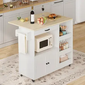 LIKIMIO Kitchen Island with Drop Leaf, Rolling Kitchen Island Cart on Wheels with Storage, Microwave Cart with Pull Out Open Shelves and Drawer, Mobile Kitchen Storage Islands
