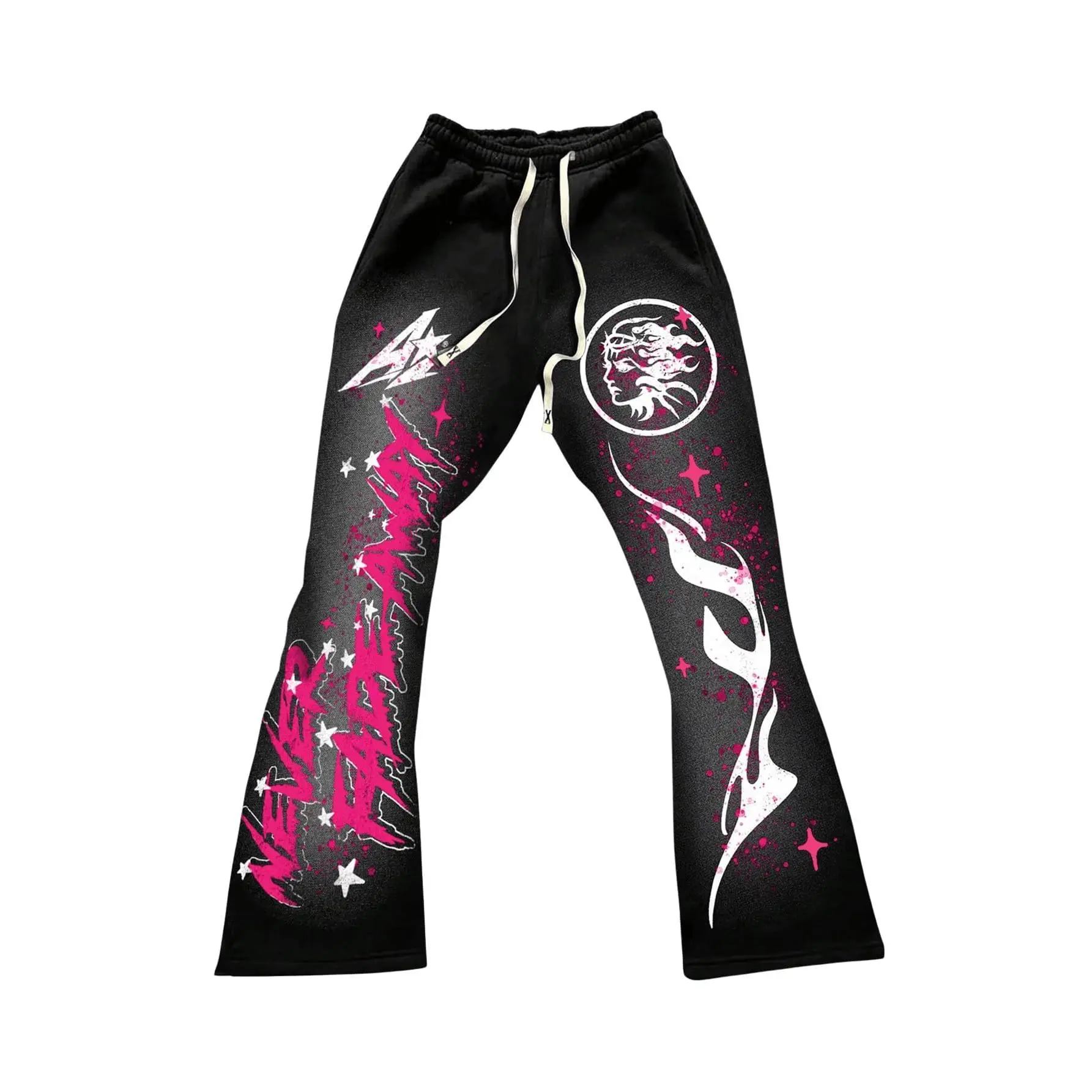 Y2k Graphic Letter Print Stacked Sweatpants Drawstring Bell Bottom Flare Pants with Pockets