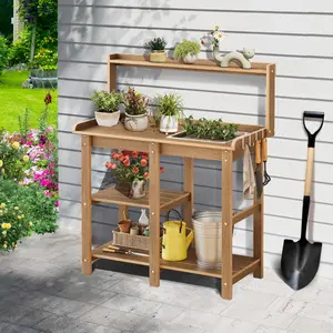 ONBRILL Potting Bench, Outdoor Potting Bench Table with Removable Sink, HDPS Potting Benches for Outside, Garden Table with Storage Shelves & 4 Side Hooks, No Rot, No Fade, No Break, 360lbs Capacity