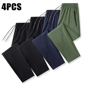 4-piece solid-color versatile men's athletic trousers with zipped pockets, elastic drawstring waist design, comfortable and skin-friendly outdoor trousers, soft fitness jogging pants, fitted sweat-absorbing lightweight breathable sports pants