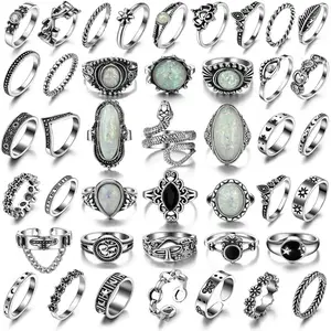 Vintage Silver Knuckle Ring Set, 42 Count Gothic Boho Adjustable Rings with Snake Skull Heart Designs, Y2K Punk Stackable Midi Rings for Women and Men