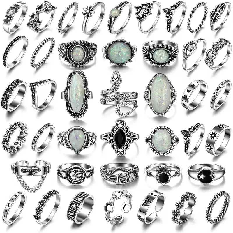 Unisex Vintage Silver 42-Count Gothic Boho Style Jewellery Set, Adjustable Snake Skull Heart Designs, Y2K Punk Stackable Midi Knuckle Pieces, Accessories for Women and Emo Accessories