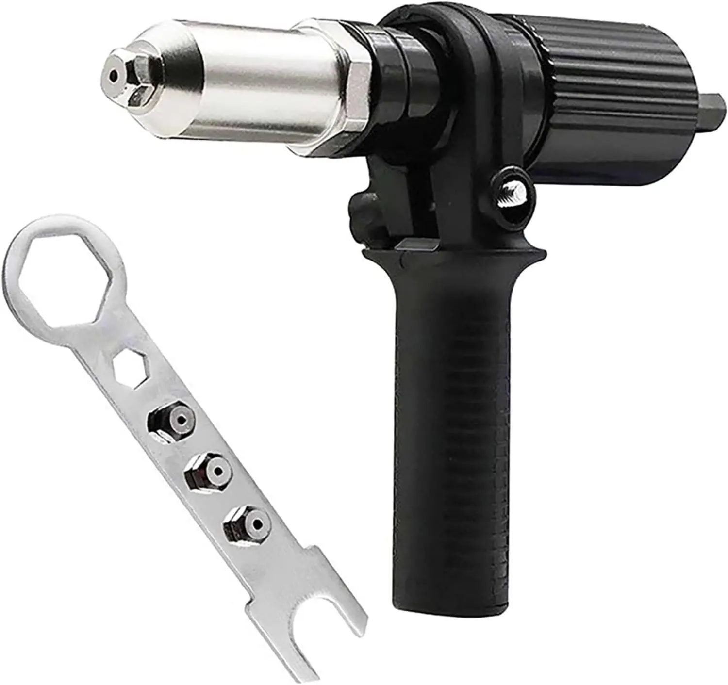 Drill-Powered Rivet Gun Adapter (2026 Model) - Portable Hardware Hand Tool Kit, Alloy Steel Build, Removable Anti-Slip Grip, 4 Changeable Nozzle Bolts for Car/Bicycle Riveting, Turns Cordless Drills into Effortless Riveters to Prevent Hand Squeezing Pain,