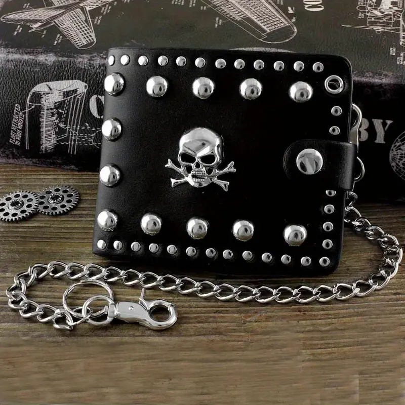 Men's Skull Stud Biker Rock Gothic Leather Wallet with Long Key Chain W7-3