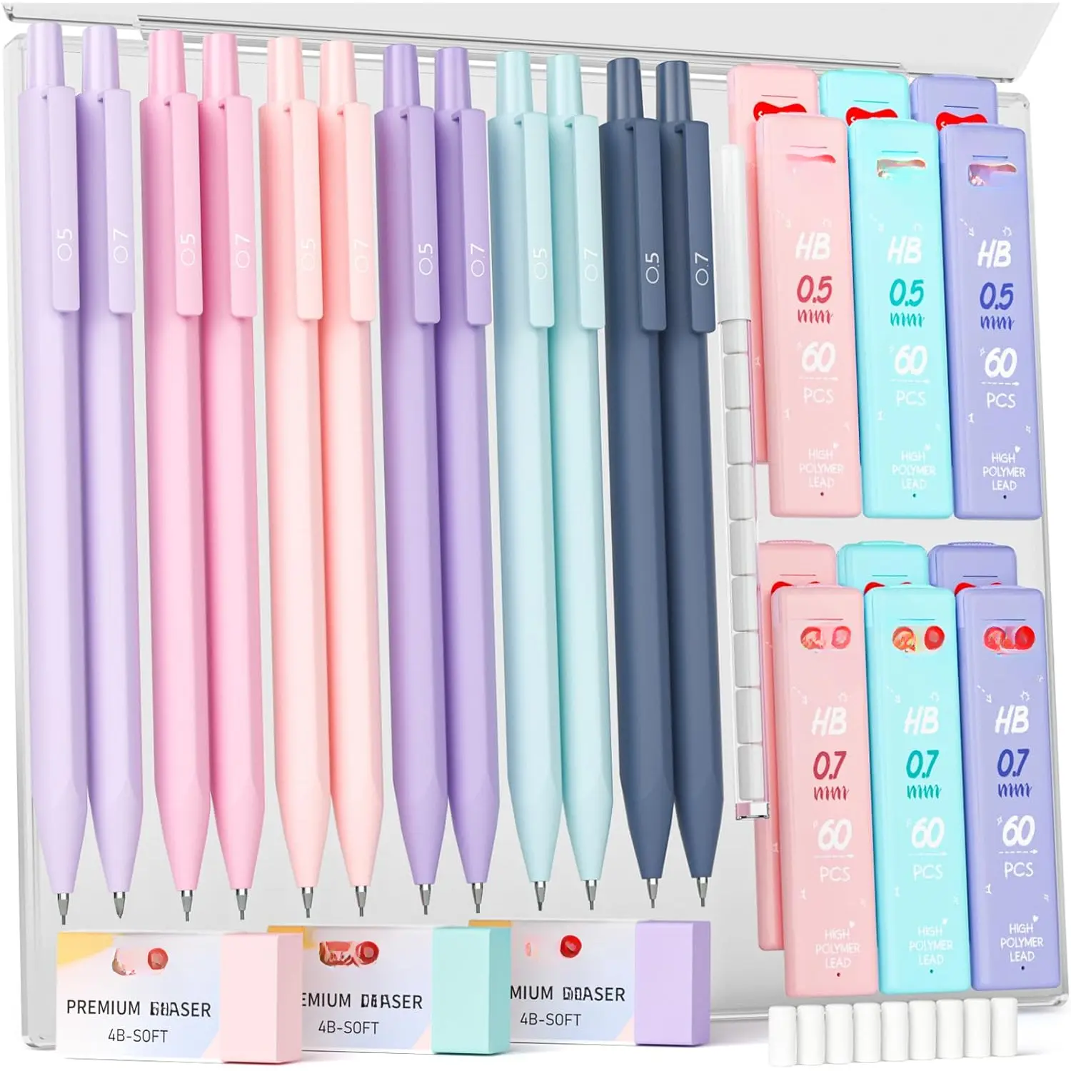 12-Piece Mechanical Pencil Set with Pastel Cute Look, 0.5mm & 0.7mm Pencils with Triangular Grip & 720 HB Refills - Durable Writing Kit for College, Teachers, Artists, Safe for All Ages, Mechanical Pencils