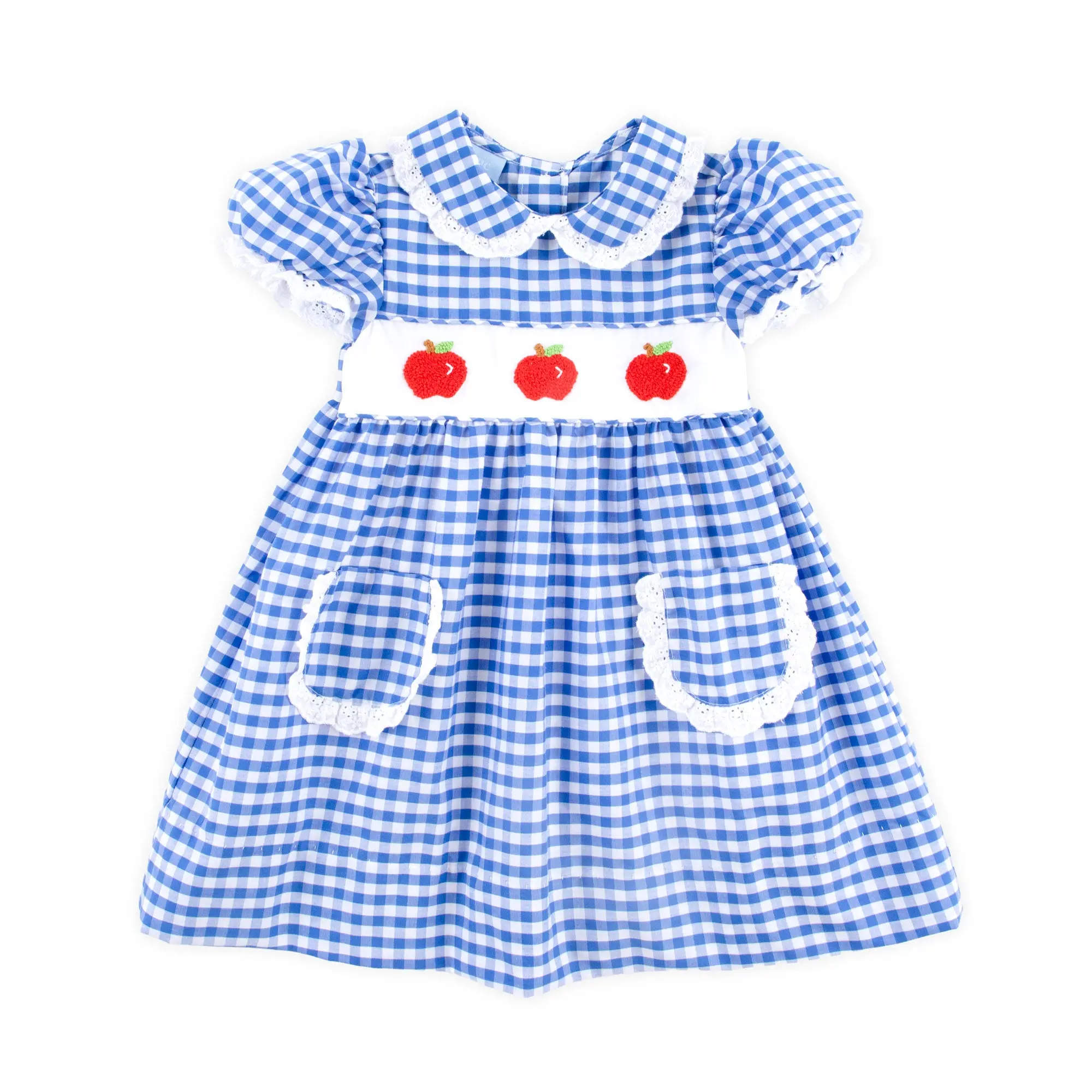 Red Apple Smocked Blue Gingham Angel Sleeve Dress - Back to School Outfit for Girls