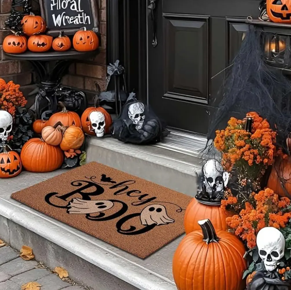 Halloween Coir Doormat, Ghost-Themed "Hey Boo" Decor, 30x17 in