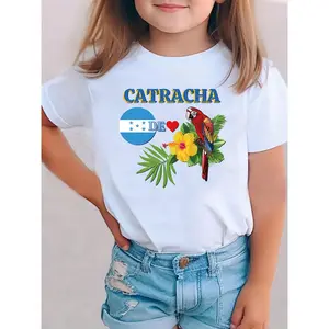 Colorful Honduras parrot & floral print girls' T-shirt-soft cotton blend, casual round neck short sleeve summer top for -8, vibrant parrot & flower design