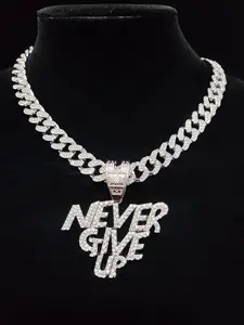 Fashion Rhinestone Decor Letter Cuban Chain Pendant Necklace for Men & Women for Summer, Hip Hop Cubic Zinc Alloy Chunky Chain Jewelry for Daily Wear Or Party, Anniversary Birthday Accessory Gift, Cuban Link Necklace