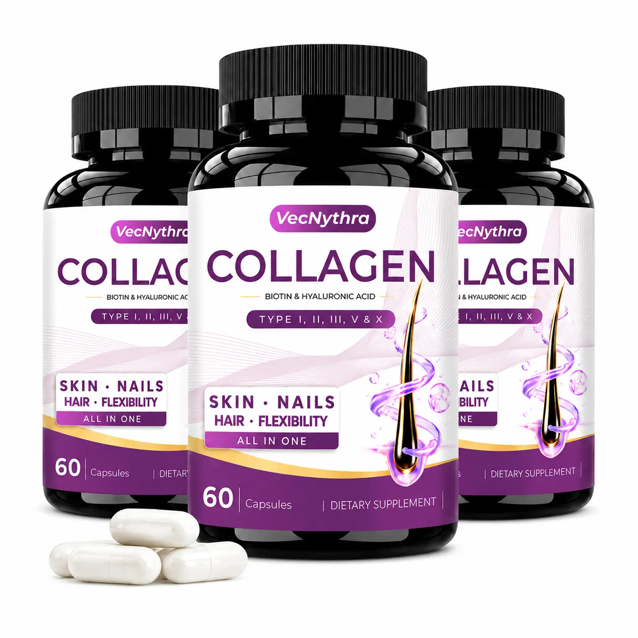 VecNythra 5-Type Multi Collagen Capsules - Collagen Mix with Biotin, Hyaluronic Acid, Vitamin C (Types 1,2,3,5,X) - Healthcare Dietary Supplement for Hair Growth Products