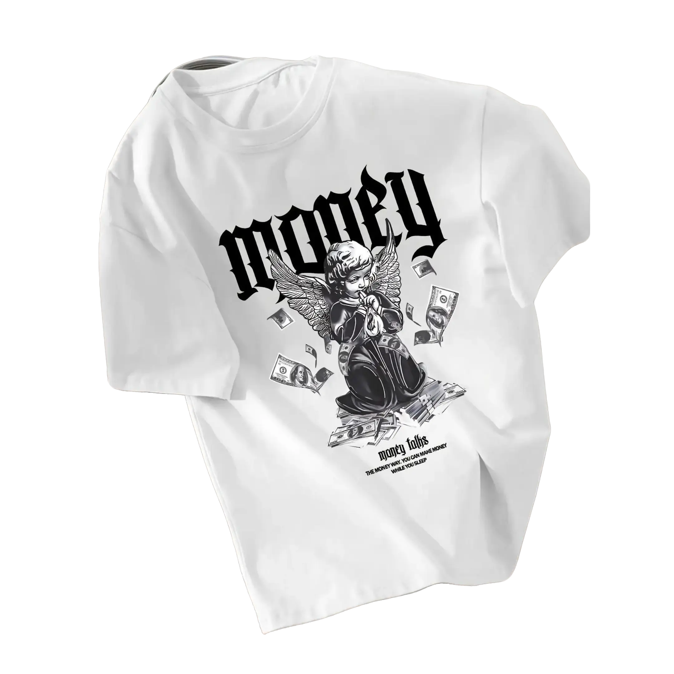 Monawear Graphic T-Shirt, Angel Money Design, Money Talks Slogan, Black White Lettering, Soft Lightweight Comfortable Loose Fit Casual Tee, Perfect for Summer Daily Wear, Ideal Gift Classic Apparel